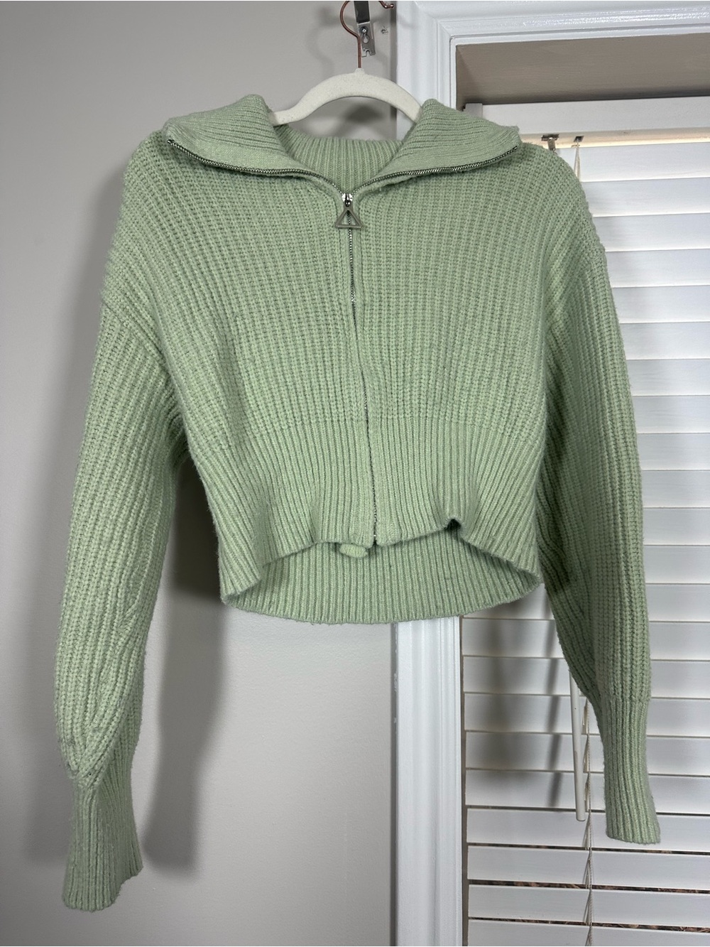 Cider Cropped Zip-Front Ribbed Sweater Jacket - Light Sage Green